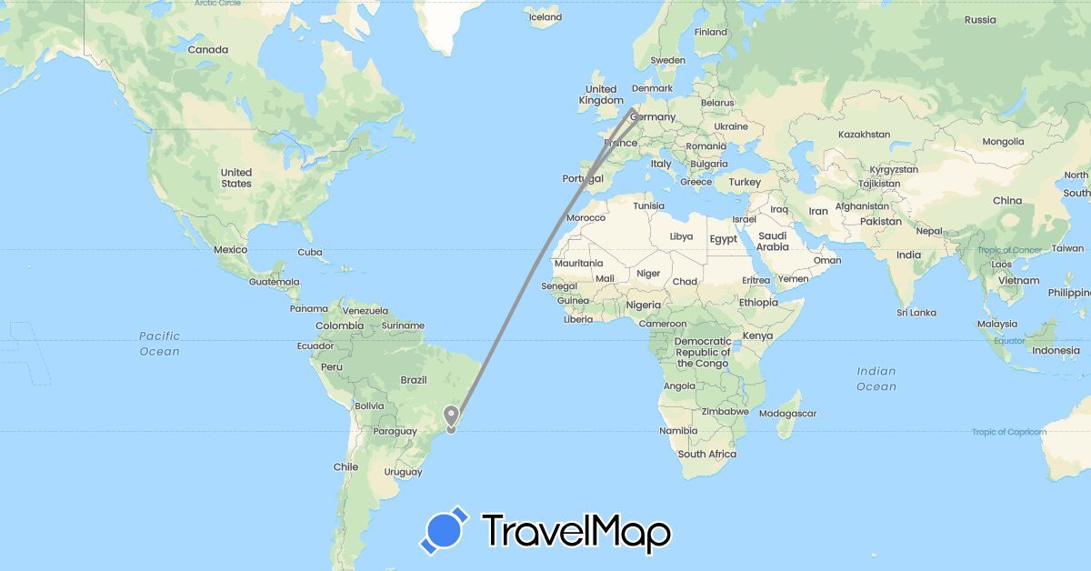 TravelMap itinerary: driving, plane in Brazil, Germany, Netherlands, Portugal (Europe, South America)